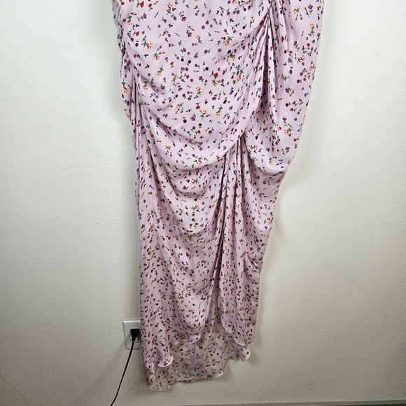 NICHOLAS Pink Purple Silk Floral Drape Front Ruched Hi Low Midi Dress Size 16 - Picture 4 of 12